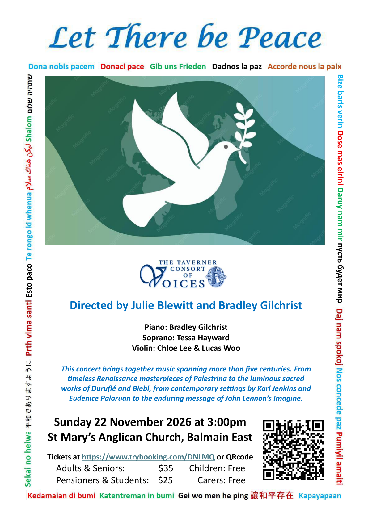 Let There be Peace — Sunday 22 November 2026, 3 pm, St Mary’s Anglican Church, Balmain East. Select the poster to book tickets.